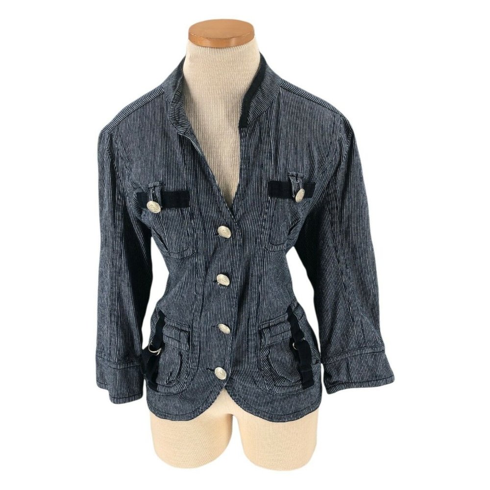 AMI Womens Jacket Extra Large Blue Striped Shacket Flap Pockets Long Sleeve EUC